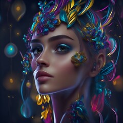 Fantasy and artistic portrait of a young woman with heavy makeup, and intricate and colorful details in her hair in a mysterious environment with volumetric lighting.