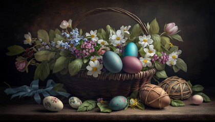 Obraz na płótnie Canvas Easter eggs in a basket surrounded by flowers on vintage woode,Generative AI