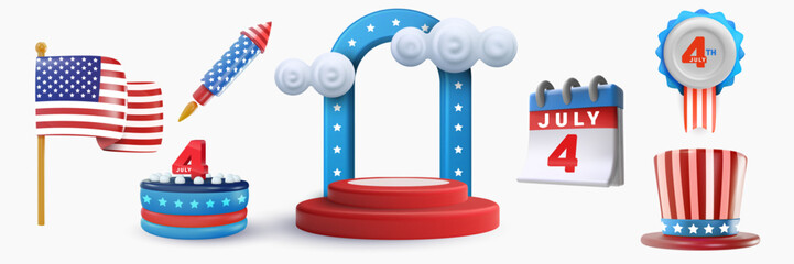 Set festive art object for usa independence day. Flag, badge, firework, balloon, cake. American national celebration design element. Bright vector 3d cartoon illustration in minimal realistic style. © cgterminal