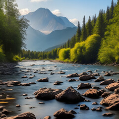 river water stream landscape with rocks and mountains and woods in the background, Generative AI