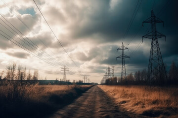View of power lines and towers at setting sun with clouds. High quality generative ai
