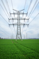 A lot of high-voltage power line, transmission tower overhead line masts, high voltage pylons as power pylons on the fields.