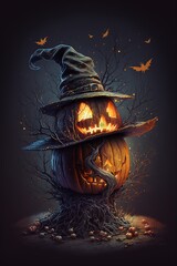 Autumn Halloween night a pumpkin with a hat