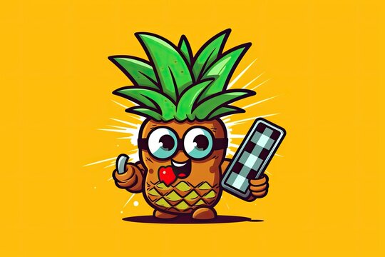 Whimsical pineapple mascot with a movie theater clapper board and a cartoon-style yellow background. Generative AI