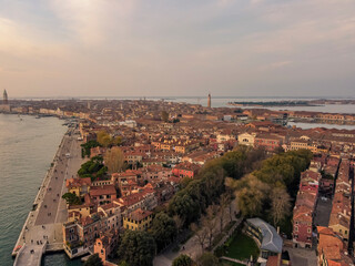 Aerial vIew by drone. Summer. Venezia, Italia. Veneto region. Sunset.