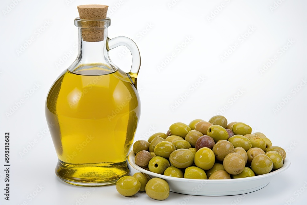 Poster on a white background, olive oil in a transparent glass container and green olives with leaves are s