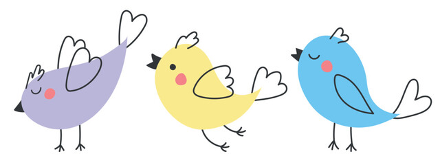 Set of bright cute colorful birds with spring flowers. Vector birds are drawn in a modern style. Illustrations for postcard, banner and poster templates