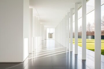 The sunlight seeps through the columns in a long, white hallway. Generative AI