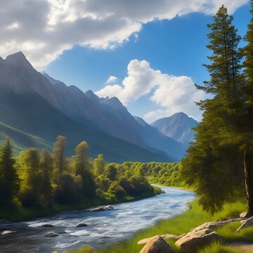 river in the mountains, landscape, realistic, Generative AI