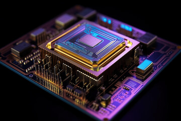 illustration of central computer processor with colorful shiny microchips and wires