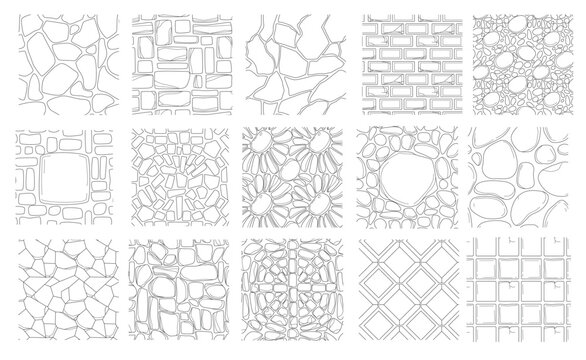 Set of hand drawing paving stone and brick textures. Outline seamless patterns of street pavement. Cobblestone wall or path, floor tiles top view. Textured natural backgrounds design elements.