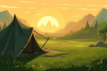 Illustration of a field with a tent in it and a natural morning landscape with hills. Generative AI