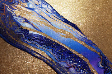 Blue and golden acrylic liquid ink swirl abstract background with ravishing turbulence wavy pattern and detailed texture. Luxury fluid liquid art by Generative AI. - obrazy, fototapety, plakaty