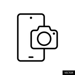 Smartphone and digital camera, mobile phone photography concept vector icon in line style design for website, app, UI, isolated on white background. Editable stroke. Vector illustration.