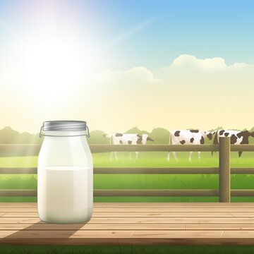 World Milk Day, Milk bottle or Jar on wooden table, Generative Ai