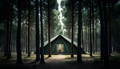 summer camp in the pine forest,view of camping tents among the pine trees ,generative ai