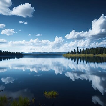A serene lake reflecting the blue sky and fluffy white clouds overhead. 


Generative AI