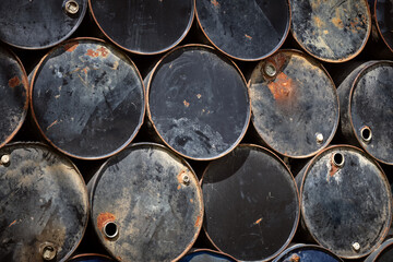 Warehouse of rusty empty iron barrels for oil or fuel.