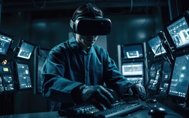Surgeon utilizing VR goggles in a state of the art operating room for enhanced precision, Generative AI.