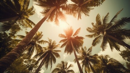 Fototapeta na wymiar Tropischer, schöner Palmen Hintergrund aus der Froschperspektive in Vintage Farben, Generative AI