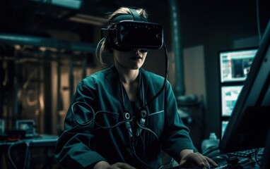 Surgeon utilizing VR goggles in a state of the art operating room for enhanced precision, Generative AI.