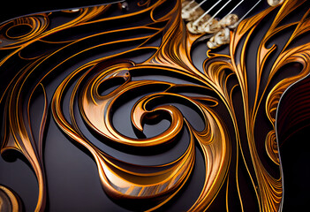 A pattern on a musical instrument, wooden smooth lines on the body of a violin or guitar. AI generative.