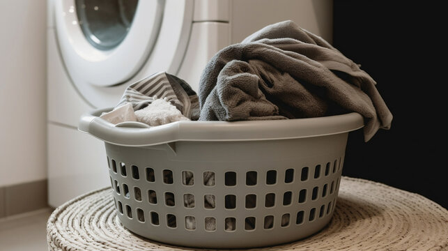 corbeille remplie de linge avec un lave linge en arri&egrave;re-plan - generative ai
