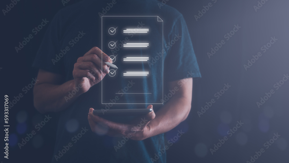 Poster paperless concept. man holding smartphone checking on electronic form documentation checklist, quest
