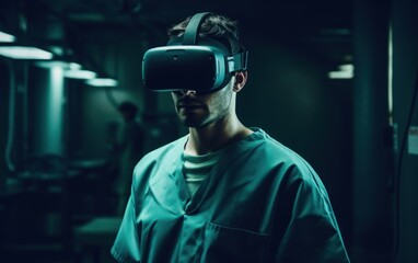 Young male surgeon donning VR goggles in operating room, enhancing medical capabilities, Generative AI.