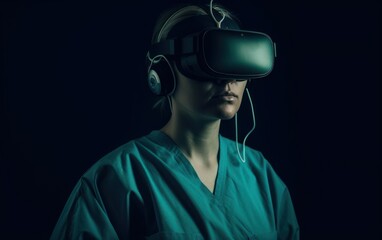 Young male surgeon donning VR goggles in operating room, enhancing medical capabilities, Generative AI.