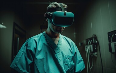 Young male surgeon donning VR goggles in operating room, enhancing medical capabilities, Generative AI.