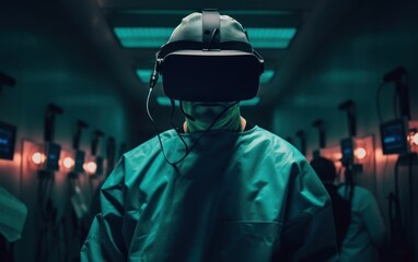 Young male surgeon donning VR goggles in operating room, enhancing medical capabilities, Generative AI.