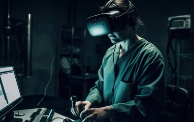 Surgeon utilizing VR goggles in a state of the art operating room for enhanced precision, Generative AI.