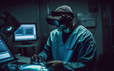 Surgeon utilizing VR goggles in a state of the art operating room for enhanced precision, Generative AI.