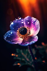 Anemone flower with water drops, neon glow, bokeh lights on background. Generative ai