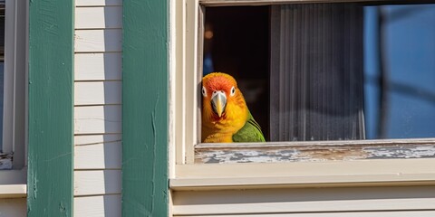 Cute Colorful Parrot bird enjoying the city view, generative ai