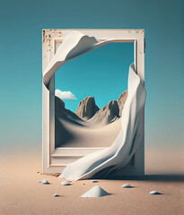 white old frame in the desert with a portal to another world. Generative AI - obrazy, fototapety, plakaty