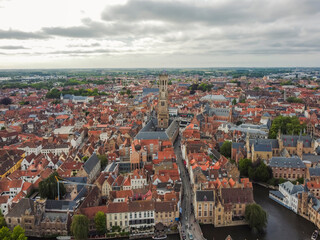 Aerial vIew by drone. Summer. Brugge, Belgium.