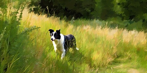 Border collie dog running grass fields, watercolor painting, generative ai