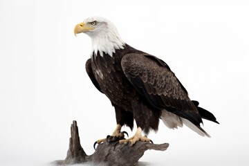 Fototapeta premium A single Haliaeetus leucocephalus (Bald Eagle) sat against a backdrop of white. Generative AI