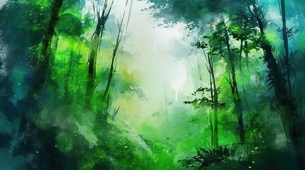 Fototapeta na wymiar Jungle lush setup, dark greens, watercolor painting style, generative ai