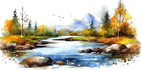 Natural river landscape, watercolor painting, generative ai