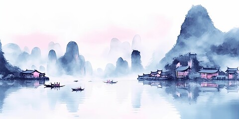 Asian foggy landscape near river, mountains, watercolor painting, generative ai