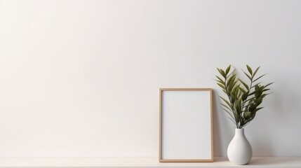 Fototapeta na wymiar Empty square frame mockup in modern minimalist interior with plant on white wall background. AI generated