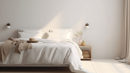 A minimalist bed in a bedroom with white clean linens and soft sunlight. AI generated