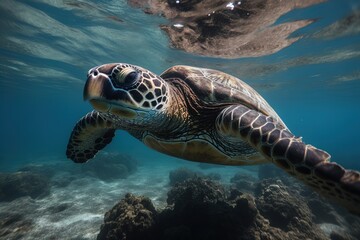 Green sea turtle (chelonia mydas) swimming under water - generative AI