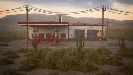 Remote gas station surrounded by dry desert grass and cactus plants. 3D illustration.