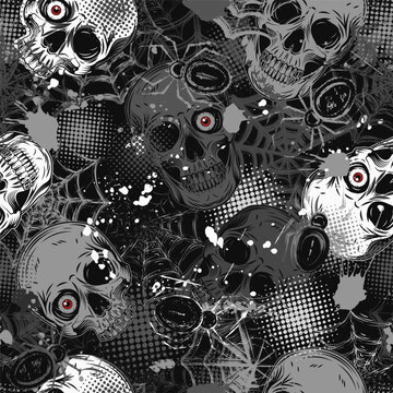 Monochrome grunge camouflage pattern with human skulls with red eye, spiders, spiderweb, blots, halftone shapes. Random chaotic composition. Good for apparel, clothing, fabric, textile, sport goods.