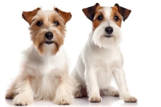 Portrait of a happy Scottish Straight cat and Jack Russell Terrier dog on a white background. Generative AI