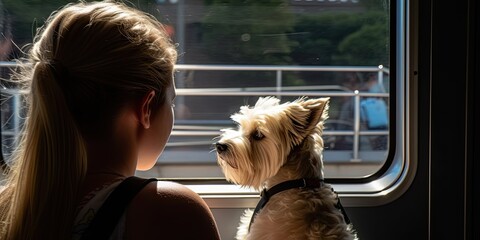 Dog on public transport with owner, looking out the window, generative ai